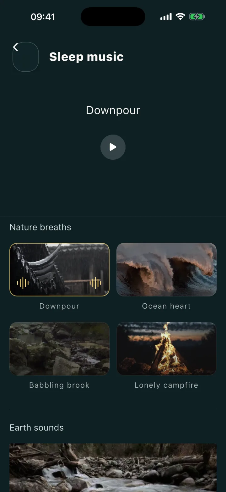 Restful sleep music screen with sound selections.